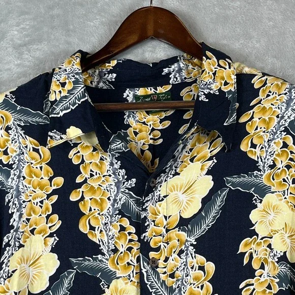 Hawaiian Hibiscus Lei Floral Shirt Mens 4XL Button Navy Yellow Resort Casual - Picture 2 of 7